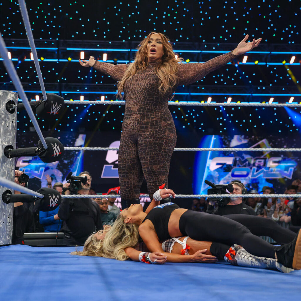 Nia Jax attacks on Tiffany Stratton and Trish Stratus. - WWE SmackDown Results: Winners, Ratings, and Highlights From Feb. 21 - Brain X Pedia